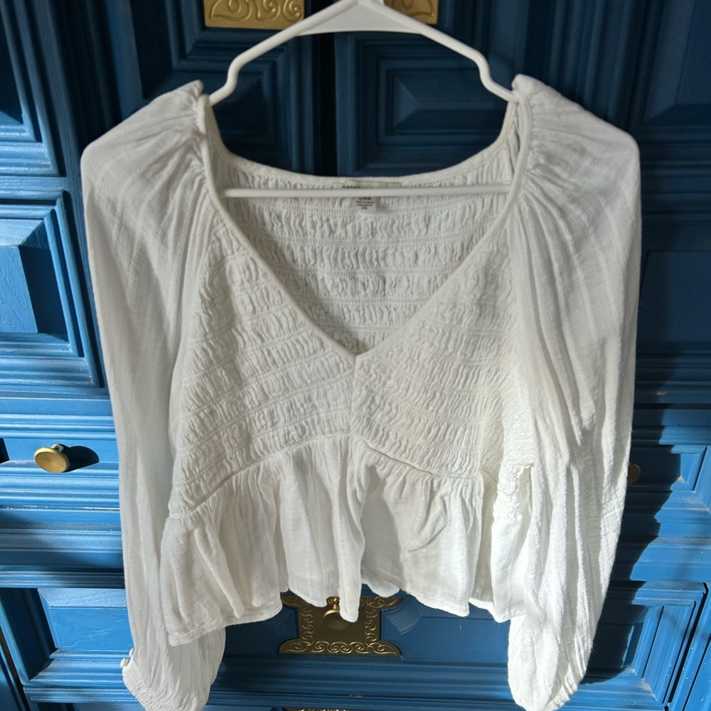 American Eagle Cream Puff Sleeve Smocked Peplum Blouse